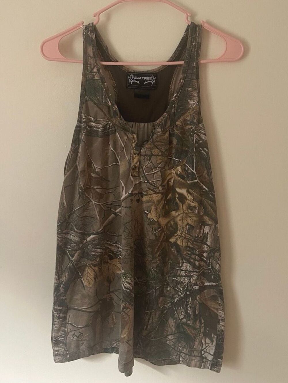 Realtree Camo Babydoll Henley Tank Top Sleeveless Hunting 17” PTP